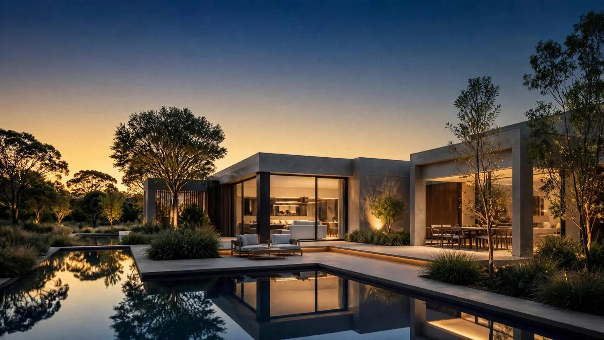 Fachada arquitectónica al atardecer (panorámica)